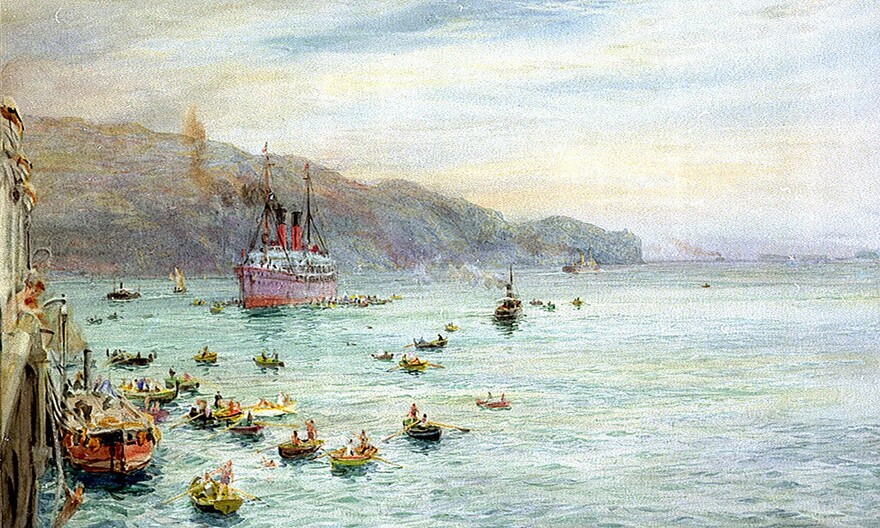 1893 watercolor entitled, "Diving Boys around a Passenger Line"