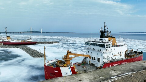 The U.S. Coast Guard Cutter Mackinaw moored in Mackinac City on March 16, 2023.