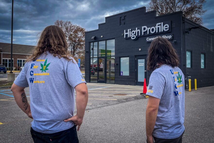 Sean Shannon, lead organizer with the United Food and Commercial Workers International Union Local 655 (left), and former budtender-turned-organizer Danny Foster visited several marijuana dispensaries in eastern Missouri in November to talk to employees about unionizing