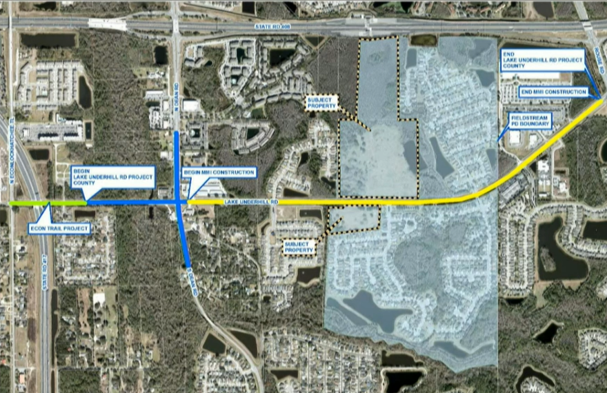 This map provided by Orange County shows the proposed location of Fieldstream Village and plans to four-lane portions of Lake Underhill Road. 