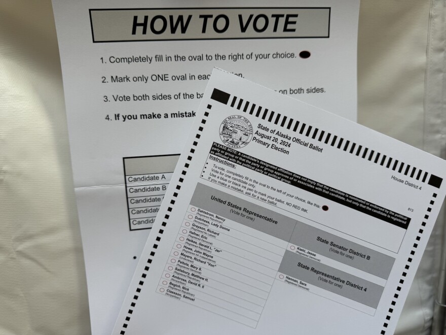 A ballot and instructions for the 2024 Alaska primary election are seen on Monday, Aug. 5, 2024.