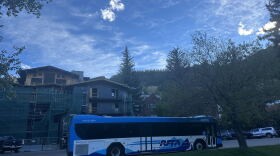 A RFTA bus is parked near the Rubey Park Transit Center in downtown Aspen.