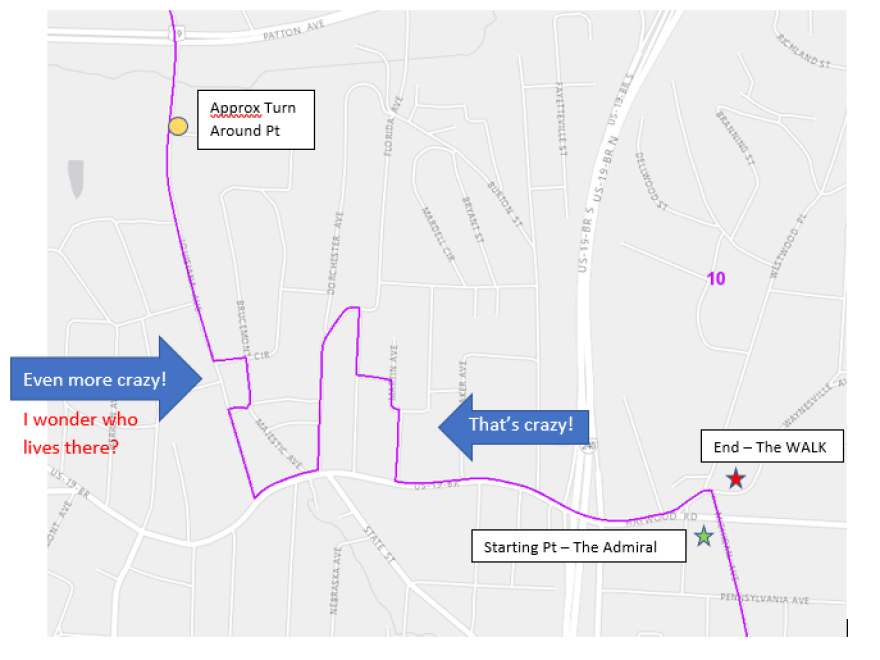 The route for the Gerrymander 5K, as drawn by its sponsor, the League of Women Voters of Asheville-Buncombe County.