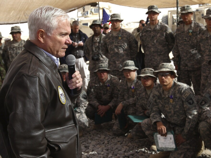 Gates addresses U.S. troops while visiting their forward operating base in Kandahar province, Afghanistan, on Wednesday.