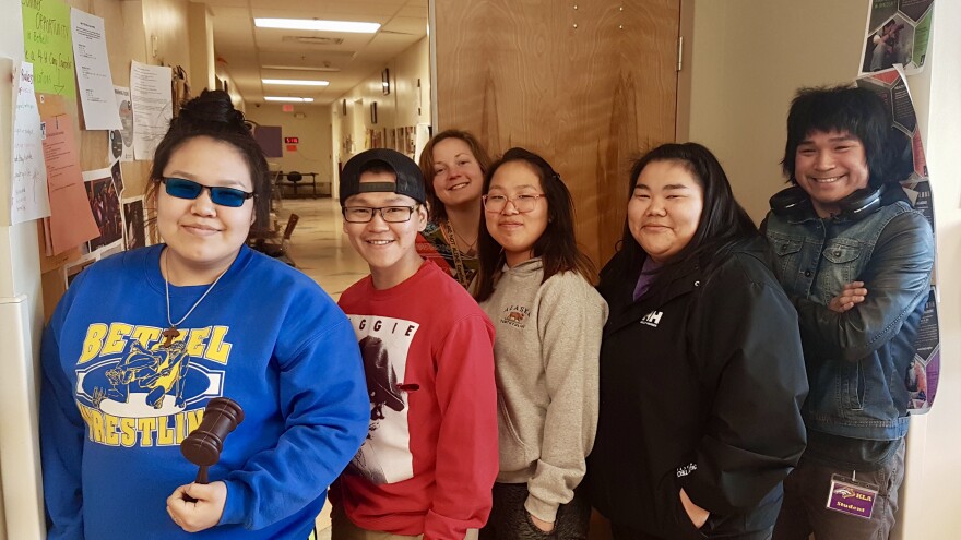 KLA's first Student Council: President Julie Joekay [left], Vice President David Mochin [center left], Advisor Katie Frutiger [center], Secretary Iris Jimmie [center right], Treasurer Jennifer Phillip [second to last right], and ASB Representative De