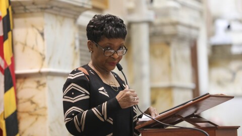 Maryland House Speaker Adrienne Jones addresses the Maryland House of Delegates members on the first day of the General Assembly’s legislative session in Annapolis, Maryland, Wednesday, Jan. 8, 2025. (AP Photo/Brian Witte)