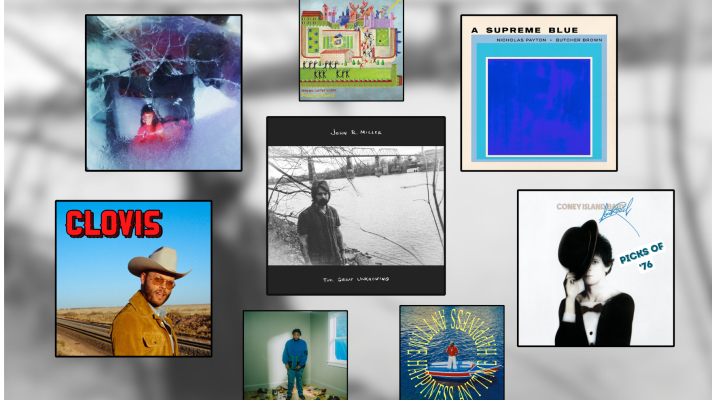 Artwork for five albums and three singles in black square frames over a blurry black and white background.