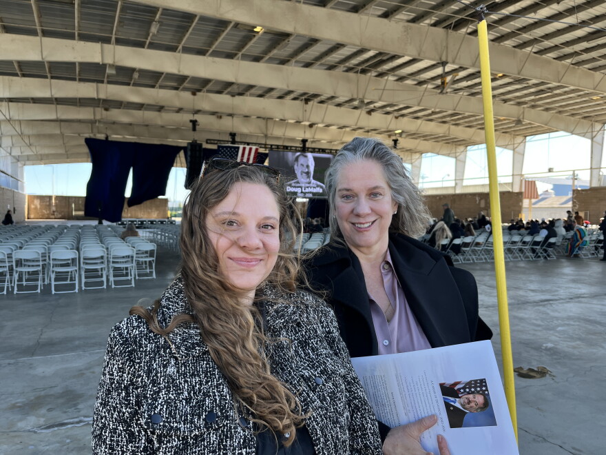 Gabriella and Caroline Bragoli wait for the memorial for Doug LaMalfa in the overflow area at the Silver Dollar Fairgrounds on Jan. 24, 2026.
