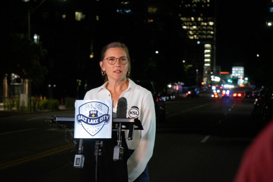 Salt Lake City Mayor Erin Mendenhall speaks reporters following a shooting during the "No Kings" protest in downtown Salt Lake City, June 14, 2025.