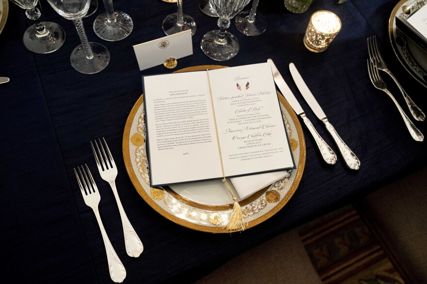 A table is set during Wednesday's media preview for the State Dinner on Thursday with President Biden and French President Emmanuel Macron in the State Dining Room of the White House in Washington, D.C.