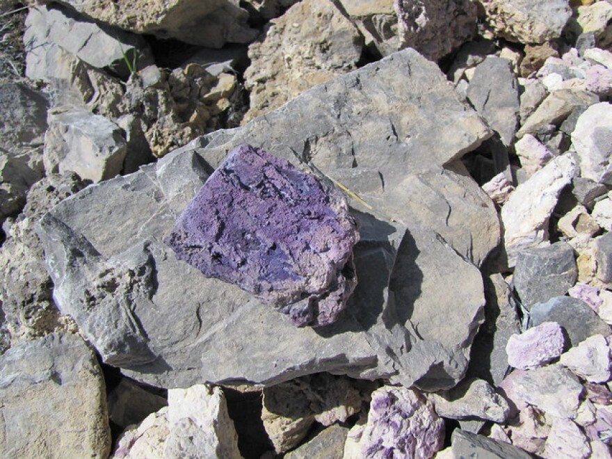 A raw piece of purple mineral sits on top of a larger gray rock on a rocky background.