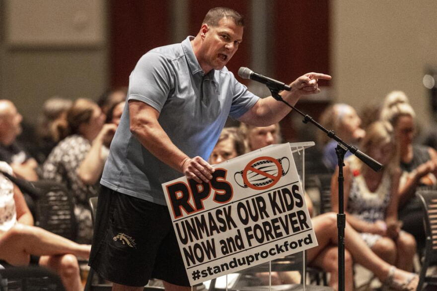 Craig Ladyman, of Rockford, speaks during the Kent County board meeting at DeVos Place in Grand Rapids, Mich., on Thursday, Aug. 26, 2021. The meeting was held after the Kent County Health Department issued a mask mandate for teachers and children preschool through sixth grade across the county