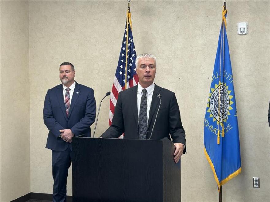 Attorney General Marty Jackley speaks at a press conference in Sioux Falls on Dec. 19, 2025, announcing charges brought against a medical aide and inmate in the state penitentiary for distributing drugs that led to an overdose death.