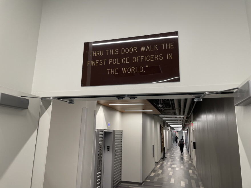 A sign from the old Fort Lauderdale police headquarters that Chief Bill Schultz hung in the entryway of the new building.