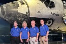 The STS-135 crew poses in front of the Space Shuttle Atlantis, which took them on their 12-day mission. From left are Commander Chris Ferguson, mission specialist Sangy Magnus, pilot Doug Hurley and mission specialist Rex Walheim.