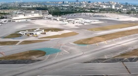 View from the air of the primary runway at President Donald J. Trump Airport also shows the diagonal crosswind runway, which is scheduled to be the main runway for six months next year.