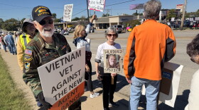 Vietnam veteran Fred Threadgill protests with others at Saturday's No Kings Protest in Tulsa.