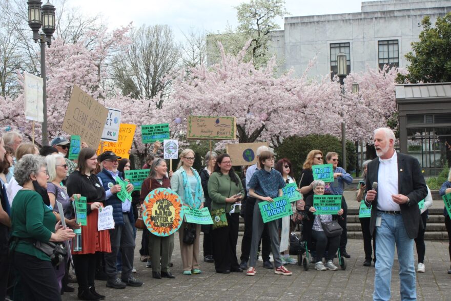 State Rep. Mark Gamba, D-Milwuakie (right), joins activists from the Oregon Coalition for an Environmental Rights Amendment at a rally in Salem March 26, 2025, after a public hearing on Senate Joint Resolution 28, which would have enshrined the right to a healthy environment in the Oregon Constitution.