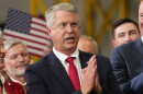 Sen. Roger Marshall, R-Kansas, gestures as Vice President JD Vance speaks, Sept. 14, 2026, in Olathe, Kansas.