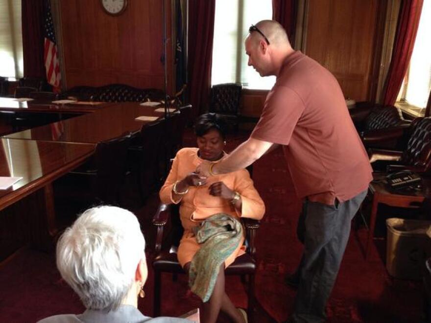 Democratic Senate Leader Andrea Stewart-Cousins prepares for an interview with New York State Public Radio & Television