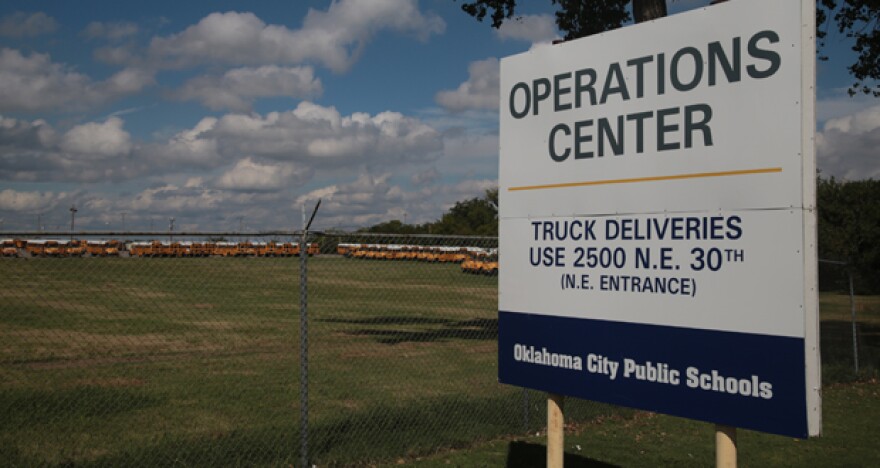 School buses are parked at the Oklahoma City Public Schools Operations Center in Oklahoma City.