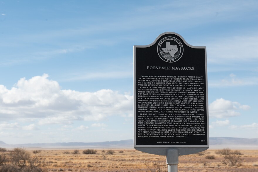 A state historical marker for the Porvenir Massacre overlooks ranch land in northwestern Presidio County.