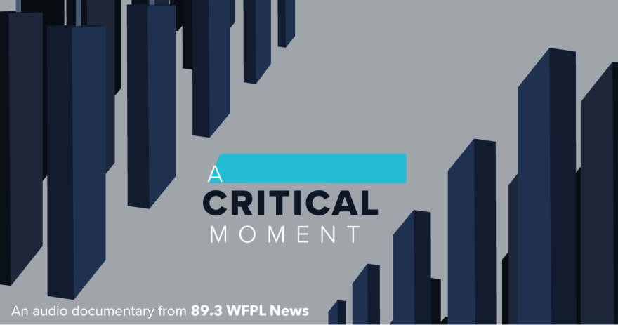 A graphic image has ascending and descending navy blue rectangles on the left and right side of the words "A Critical Moment."