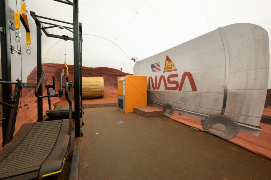 The sandbox portion of the Crew Health and Performance Exploration Analog (CHAPEA) habitat contains equipment such as a treadmill for use during virtual reality traverses.