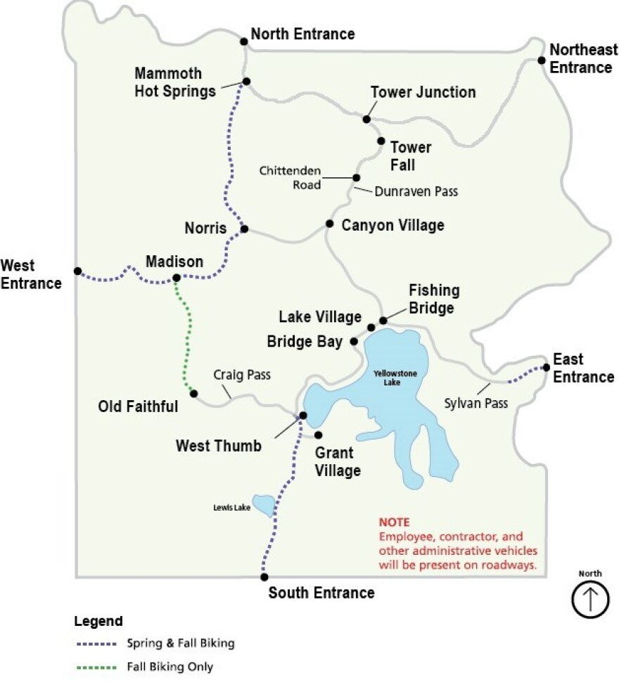 A map shows the roads open to spring cycling in Yellowstone National Park. The road from the West Entrance to the North Entrance is open to bikes.