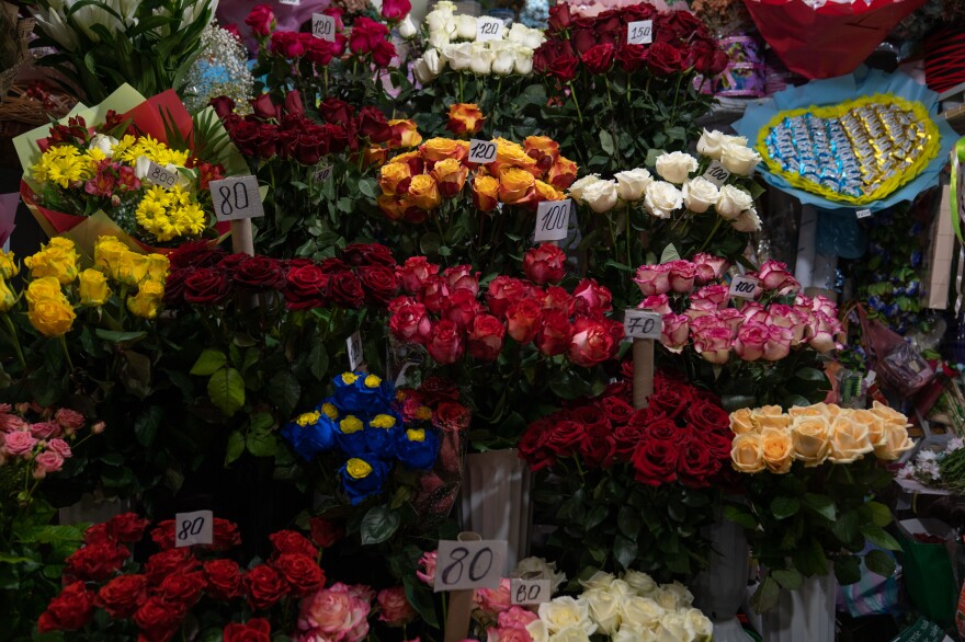 Flowers for sale at a shop in Kramatorsk, near the train station.