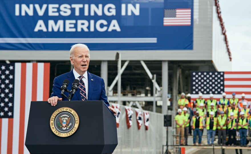 President Joe Biden speaks at Wolfspeed in Durham, NC on his first stop of the Investing In America tour.