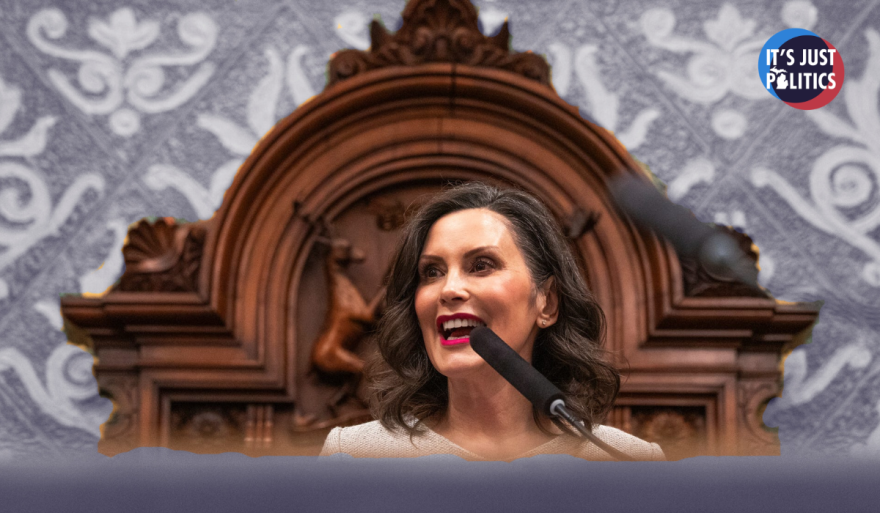 Governor Gretchen Whitmer stands in front of a partially duotone background. The It's Just Politics logo is in the top right corner.