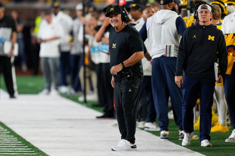 Michigan head coach Kyle Whittingham watches against Western Michigan during the first half of an NCAA college football game Saturday, Sept. 5, 2026, in Ann Arbor, Mich. (AP Photo/Paul Sancya)