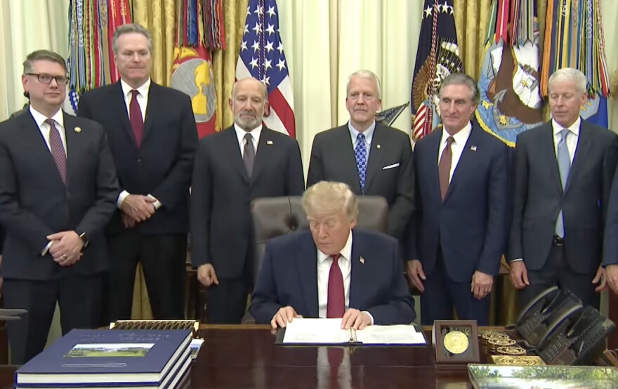 From left, Rep. Nick Begich III, Gov. Mike Dunleavy, Howard Lutnick, President Donald Trump, U.S. Sen. Dan Sullivan, Doug Burgam and Chris Wright stand in the Oval Office on Wednesday, Sept. 30, 2026 in Washington, D.C.