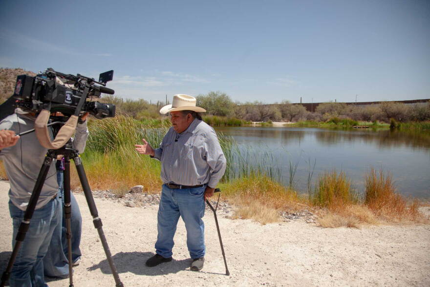 Tohono O'odham Chairman Verlon Jose talks to members of the press at Quitobaquito Springs on Aug. 24, 2026. The tribe is staunchly opposing border wall construction at the sacred site, and is actively suing the U.S. government over its attempt to build a 62-mile bollard barrier through tribal land.