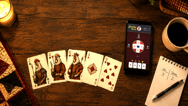 Diving into a game with Brett's online Euchre Mate, Marty the rooster, born from a clever play on his surname, Hahn, which means rooster in German.