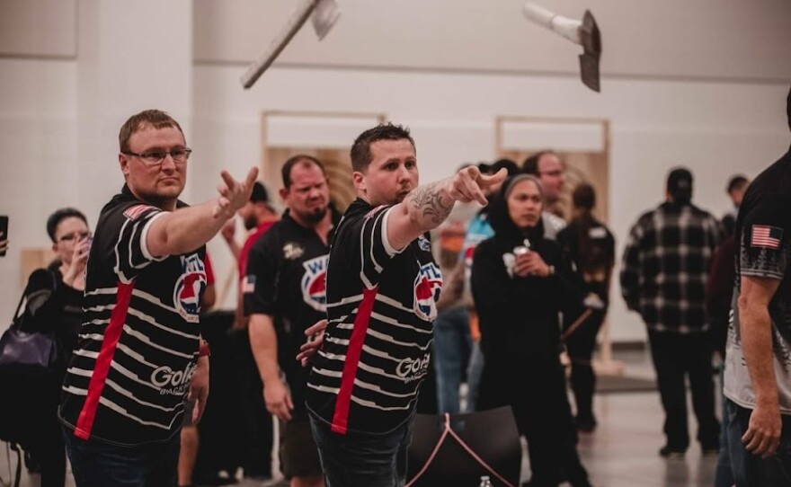 The Peoria-based team of Matt Fox and Brian Southard compete as "The Professionals" during the 2022 World Axe Throwing Championships earlier this month in Appleton, Wis.