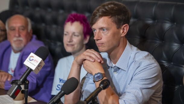 Rob Sand, the Democratic candidate for governor, participates in a roundtable on cancer in the state on July 28, 2026.