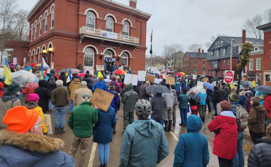 Protestors in Belfast listening to Maine Attorney General Aaron Frey