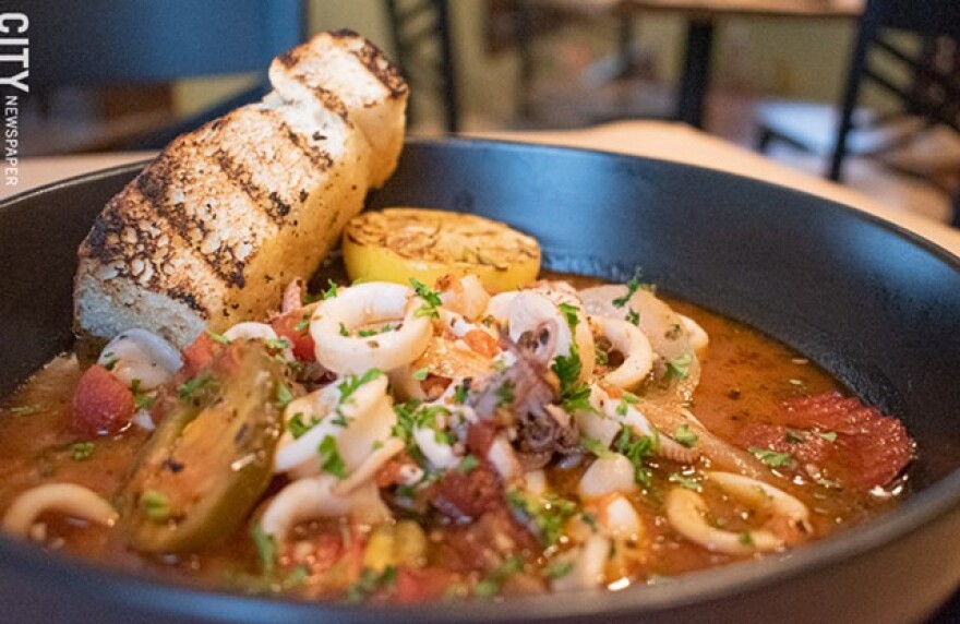 Not your usual flash-fried squid: the Calamari di Roma is sautéed with cherry peppers, onions, garlic, and tomato sauce.