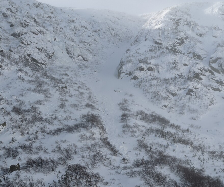 Another treacherous area of Mount Washington, Tuckerman Ravine, is seen a few days after a skier-triggered avalanche in late January. 