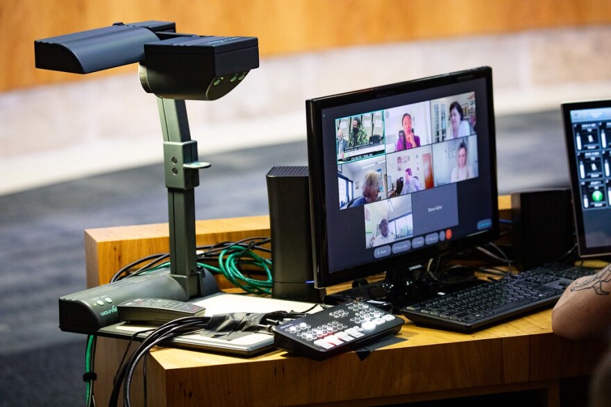 Tech set up to handle city officials on Zoom during a City Council meeting last week.