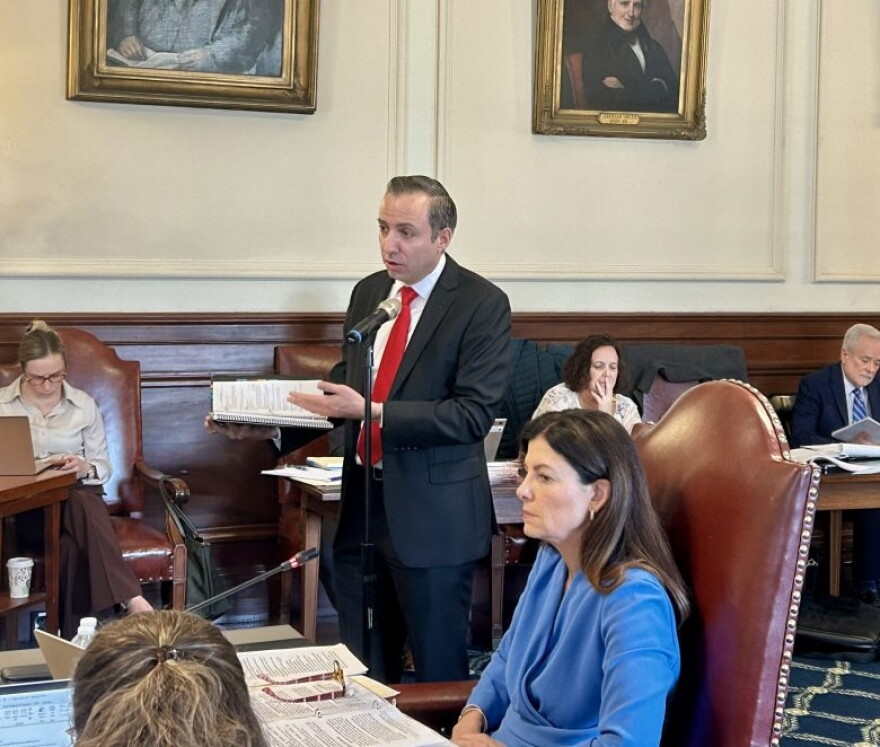 New Hampshire Attorney General John Formella speaks at an Executive Council meeting on Wednesday, March 25, 2026, as Gov. Kelly Ayotte looks on. (Concord Monitor photo)