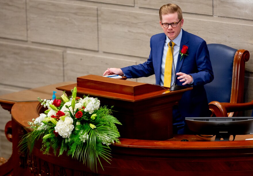 Senate President Pro Tem Caleb Rowden, R-Columbia, gives an address after being sworn in on Wednesday, Jan. 4, 2023, during the first day of the legislative session at the Missouri State Capitol in Jefferson City.