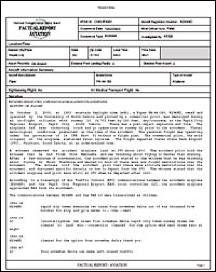 An NTSB report on a Oct. 2, 2000, pilot suicide at the Rapid City (S.D.) Regional Airport. Among the pilot's final words: "Tell my family and friends that I love them very much." 