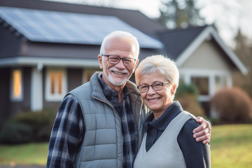 Active Senior Couple Surrounded by Sustainable Housing with Rooftop Solar Panels - Sustainable Living and Green Energy