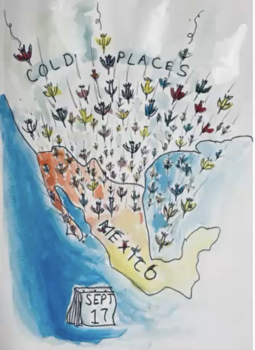 A sketch of hummingbirds flying south from the US to Mexico