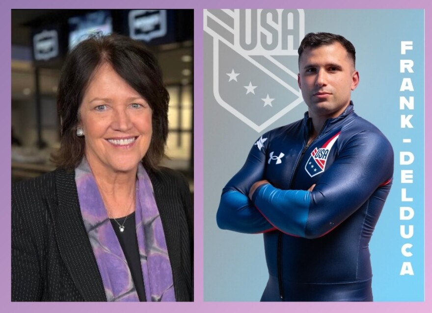 Sport commentator Christine Brennan headshot; Bob sled champion Frank Del Duca in USA uniform with arms crossed