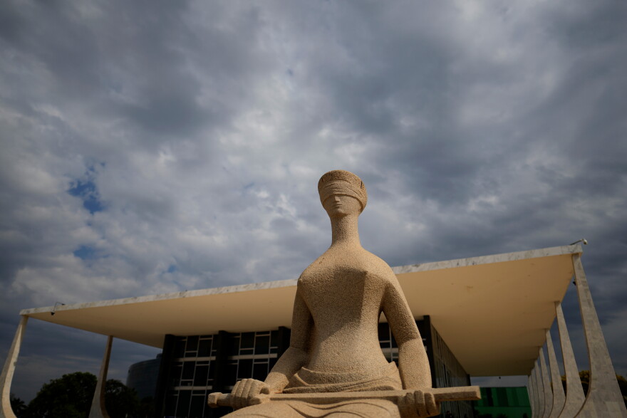 The Statue of Justice stands outside the Supreme Court building ahead of a plenary session in Brasilia, Brazil, Wednesday, Sept. 2, 2026.