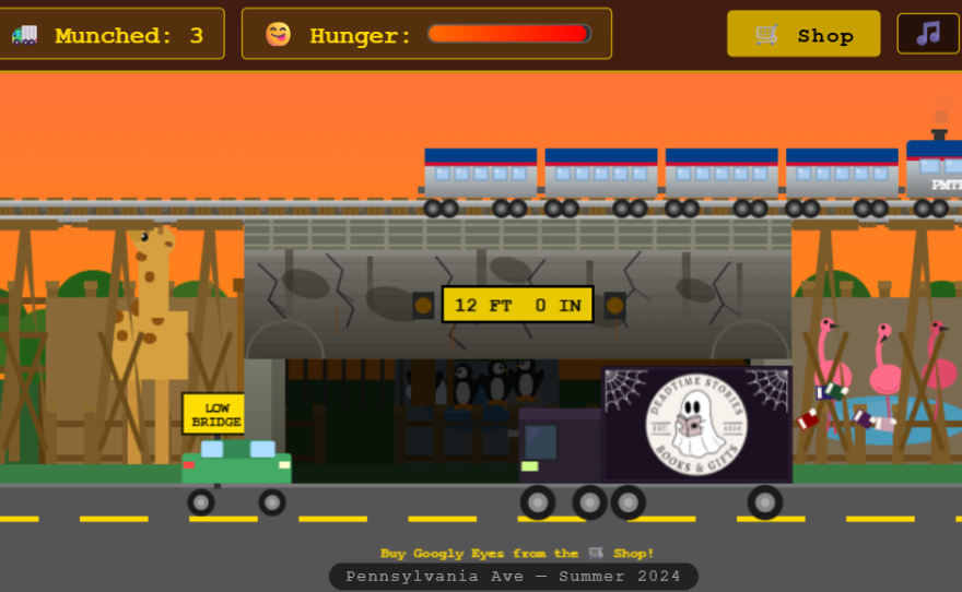 The game includes references to Lansing's Potter Park Zoo with animals like flamingoes and giraffes and local businesses with trucks displaying logos from Deadtime Stories in REO Town.